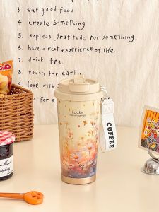 Portable High-end Ceramic Coffee Cup with Straw Inner Lid for Women Insulated Travel Water Bottle Macaron Color Office Use