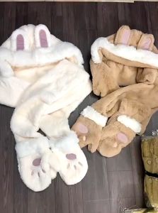 Khăn bông kèm mũ tai thỏ Mũ sưởi mùa đông len lông mịn cao cấp (set 3 chi tiết khăn mũ gang tay)