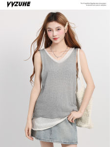 Áo Ba Lỗ Không Tay Cổ Chữ V Bằng Lụa Băng Dệt Kim Dáng Rộng Phong Cách Hàn Quốc Cho Nữ Mùa Thu