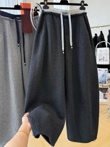 Color Block Drawstring Wide Leg Casual Pants Womens Loose Fit High Waist Polyester Fiber Comfortable Breathable Autumn New Style