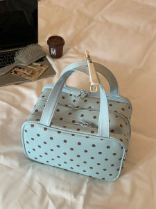 FUSHIXIONG | Mint Green Polka Dot Large Capacity Waterproof Three-compartment Cosmetics Bag