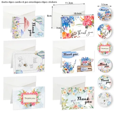 6Sets Floral Thank You Cards with Envelopes & Stickers Assorted Blank Inside Folding Card Wedding Party Invitation Greeting Card