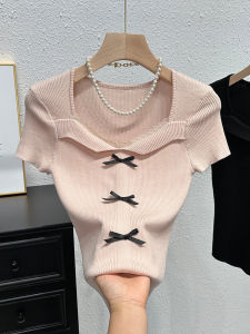 Sweet And Spicy Short Sleeve Knitted Top Womens Fashion Square Collar Slimming Clavicle Stylish Color Block Butterfly Knot Versatile Mini Top