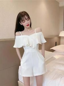 High-Waist Polyester Fiber Jumpsuit Summer New Womens Shorts with Ruffles and Suspenders Elegant and Casual Work Clothing