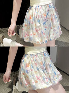 Floral Print Pleated Short Skirt Pants Womens Summer Thin Ice Silk High Waist Slimming Mini Skirt Casual Cloud Short Shorts