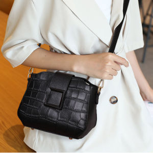 Aidrani   Simple solid color womens single shoulder crossbody bag made of high-quality cowhide with crocodile pattern on the surface