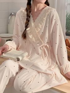 Áo Ngủ Cotton Nguyên Chất Cho Bà Bầu Sau Sinh Phong Cách Yếm Cổ Bú Trẻ Em Mùa Hè Mỏng Mặc Nhà Dài Tay Cổ Chữ V Quần Dài