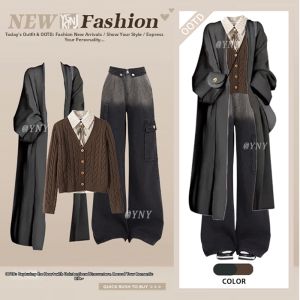 YINGKETUO | Laid-back College Style Autumn Winter Two-in-one Knit Cardigan