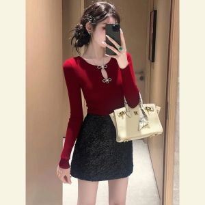 SHANGSHA | Unique Red Bowknot Knit Top