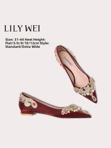 LILY WEI | Giày Cưới Retro Lụa Đỏ Chủ Đề Phượng Hoàng Bay