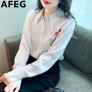 AFEG Korean shirt collar fashion loose temperament silk satin printed long sleeve blouse for women