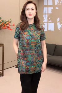 Áo Sơ Mi Nữ Dáng Rộng in Họa Tiết Màu Xanh Lá Cây Phong Cách Trung Hoa Mới Mùa Hè 2025 Áo Sơ Mi Công Sở Thường Ngày