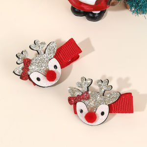 2Pcs Christmas Sparkly Reindeer Hair Clips Cartoon Deer Hairpins Sweet Side Barrette For Toddlers Girls Xmas Party Accessories