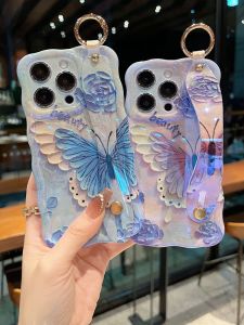 Fashionable Rose Blue Butterfly Breathable Edge Wrist Strap Phone Case for Apple Series iPhone 16 pro 15 pro 14 pro Max 13 pro Max