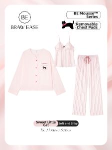 BE | Ice Silk Chest Padded Sleepwear Three-piece Set for Home Fall and Spring Long Sleeve Pants