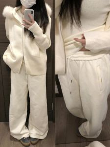 White Cotton Draped High Waist Womens Sweatpants Loose Comfortable Casual Sports Pants Straight Leg Knitted Long Trousers