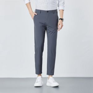 ROMON | Romon Mens Slim Fit Casual Pants Summer Thin Straight Leg Business Fashion Elastic Ice Silk Nine-Tenths Pants