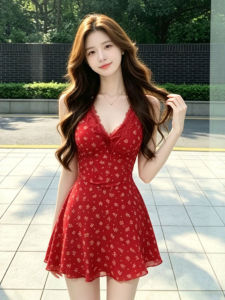 CHANGTONG | Vintage Style Slimming V-Neck Floral Dress