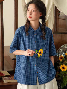 Retro Korean Blue Plaid Short Sleeve Casual Shirt Women Summer Thin Polo Collar Pocket Versatile Small Size Polyester Shirt