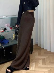 Fancy Brown Knitting Skirt Plus Size Chubby Girl Slim Fit Slimming High Waist All-Matching Sheath Mop Long Skirt for Women