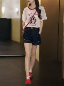 Shalldoer | Fashionable Round Neck Printed Short Sleeve T-Shirt And Straight Leg Jeans Shorts Set For Women Summer 2025 Color Block Design