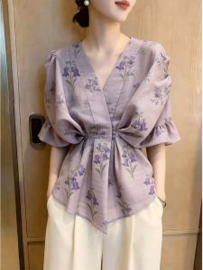Light Purple Floral Print V-Neck Blouse Puff Sleeves Tie Detail
