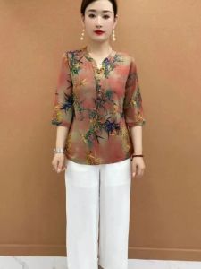 2024 Summer New Arrival National Style Middle-Aged and Elderly Womens Clothing Mid-Sleeve Western Style Fashion Shirt Temperament Youthful-Looking Slimming Mother Clothes