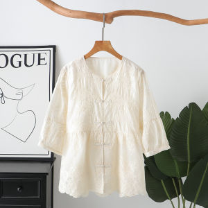 New 2024 Summer Chinese Style round Neck Embroidered Button Five Sleeve Shirt Large Size French Elegant Beige Small Shirt