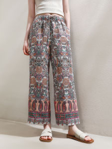 Miccbeirn | Casual Pure Hanflax Wide Leg Pants Artistic Straight Cut Elastic Waist Nine Point Holiday Style Small Size High Waist Trousers