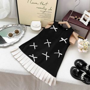 Black Bow Decoration Girls Dress Summer Sleeveless Princess Dresses Color Blocked Childrens Clothing 3 To 7 Years Wear