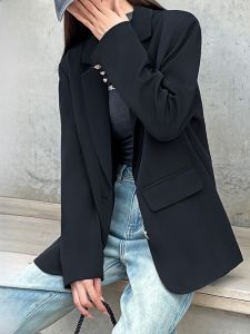 LANGPIN | เสื้อสูทผู้หญิงสีดำ ทรงหลวม แขนยาว ปกเสื้อสูท ฤดูใบไม้ร่วง/ฤดูหนาว 2024 เสื้อโค้ทผู้หญิงสไตล์ลำลอง