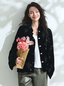 Miccbeirn | Elegant Embroidered Silk Velvet Jacket With Buttoned Collar Chinese Style Top Quality Fashionable Open Cardigan For Women