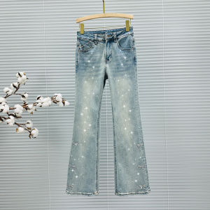 High Waist Bell Bottom Denim Jeans Womens Spring Autumn New Style Rhinestone Butterfly Knot Stretch Cotton Blend Blue Jeans
