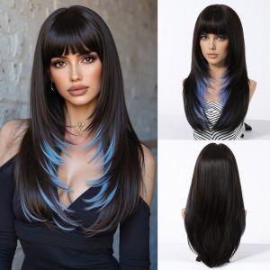 Ash Blonde Synthetic Wigs with Bangs Long Silk Straight Wigs Natural Looking Daily Party Wear Heat Resistant Fiber Realistic Wig