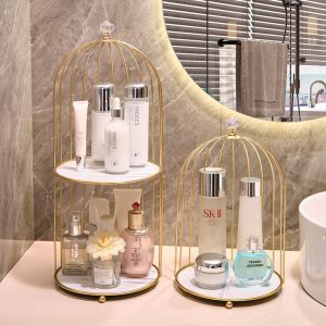 Bathroom Iron Art Bird Cage Cosmetic Storage Rack Toilet Washstand Skin Care Product Desktop Organizer Retro Luxury Style Handmade