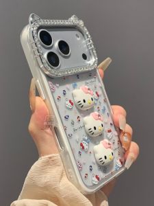 Full Cover Kitty Cat Diamond Embedded iPhone Protection Case Cute Cartoon Ins Style for Apple 17 pro 16 pro Max 15 plus 14 Advanced 13 Girl Air