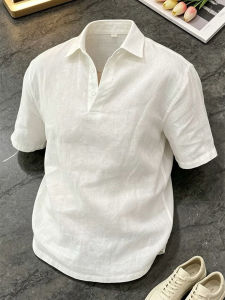 OUMULONG | White Linen Short-Sleeve Polo Shirt