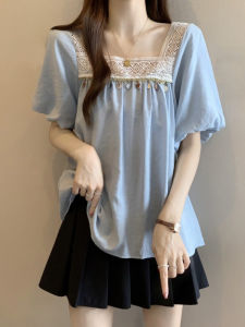 Light Blue Bubble Sleeve Square Collar Chiffon Shirt Women Summer plus Size Cute Doll Top Korean Style Loose Fit Short Sleeve