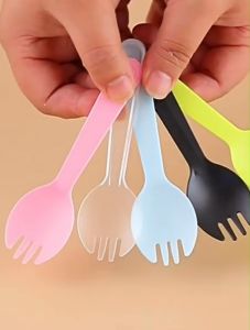 100pcs/ Plastic Fruit Fork Spoon/Dessert Spoon/Cake Fork/Disposable Utensils Individually Packed
