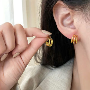 Retro Chinese Style Gold Multi-Layer C-Shaped Earrings Womens Cross Design Simple Fashion Jewelry Ear Decorations