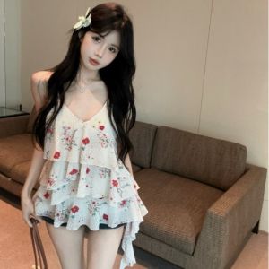 GUZILIAN | Sweet Style Bell Sleeve Strap Vest Womens Summer New Irregular Design Sensation Sleeveless Top Fashionable Commute Style