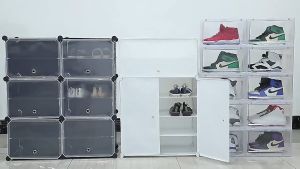 Organono DIY Customizable BLACK Clear Doors Heavy Duty Shoe Rack Stackable Organizer Storage Space Saver Cabinet - Removable Layer