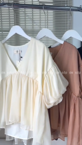 Nâu/ Đen/ Kem Voan tơ mềm Full lót Áo babydoll cổ V tay ngắn bồng thân xếp ly xoè dễ thương nữ tính gợi cảm MINA TOP