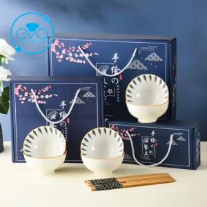 Bộ 6 Chén Sứ Hoạ Tiết Hoa Văn Navy Style Kèm 6 Đôi Đũa Tre Cao Cấp