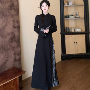 Elegant Chinese Style Long Sleeve Hollow out Dress Satin Fabric High Waist A-Line Skirt Commute Vintage Black Dress for Women
