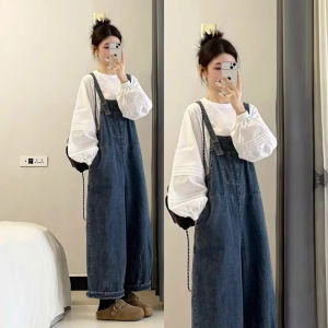 XUECAIQI | Korean Style Spring OOTD White Loose Shirt Denim Dungarees 2 Pieces Set