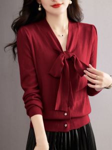 Ole Counter Double Thread 30/2 Yangzi Wool เสื้อผ้าถัก ผู้หญิง เสื้อท่อนบน Butterfly Knot มีเข็มขัด เสื้อสเวตเตอร์ ลดล้างสต็อก