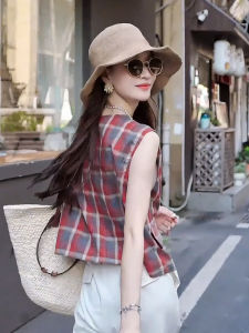 Colorful Plaid Womens Shirtless Vest Top Spring Summer Fashion Design Commute Style round Neck Short Length Single Button