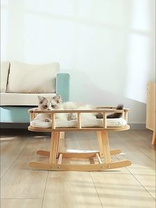 Cradle with Fence Cat Hammock Rocking Chair Pet Rocking Bed Wooden Frame Pet Bed
