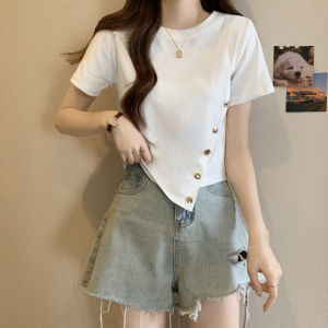 Shalldoer | เสื้อยืดแขนสั้นผู้หญิงฤดูร้อนปี 2025 ดีไซน์ไม่สมมาตร ดีไซน์เก๋ไก๋ ลดอายุ แฟชั่นอเนกประสงค์ เสื้อเชิ้ตคอตตอน